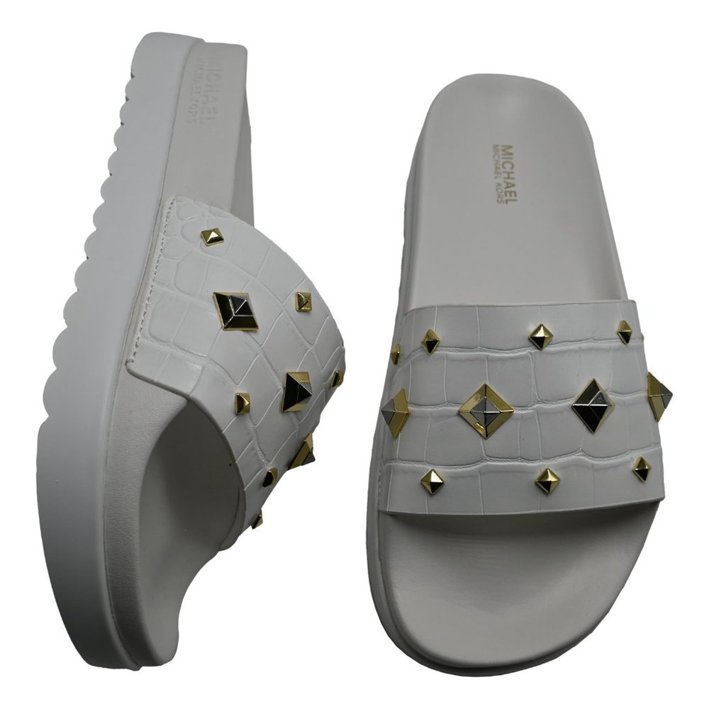 Michael Kors Women's TYRA Studded Crocodile Embossed Slide Sandal